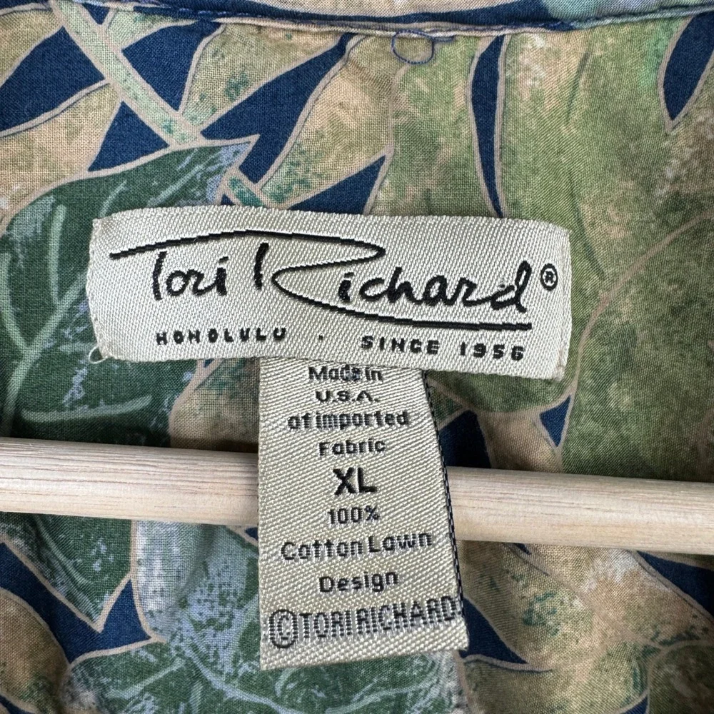 Tori Richard Mens XL Cotton Lawn Tropical Leaf Floral Polo Shirt Navy Short Slv